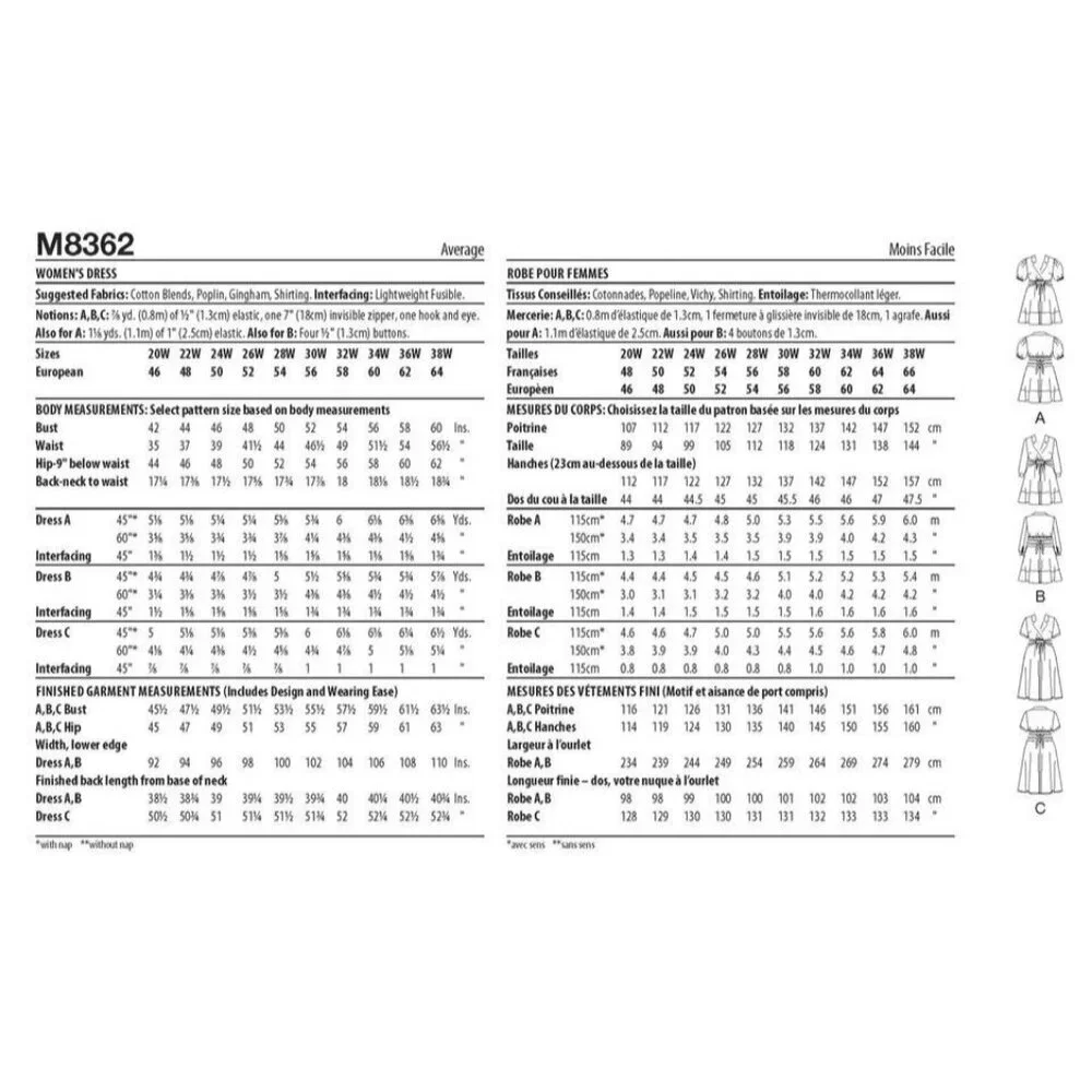 McCalls Sewing Pattern M8362 R11717 Dress‎ Plus Size Woman 20W-28W